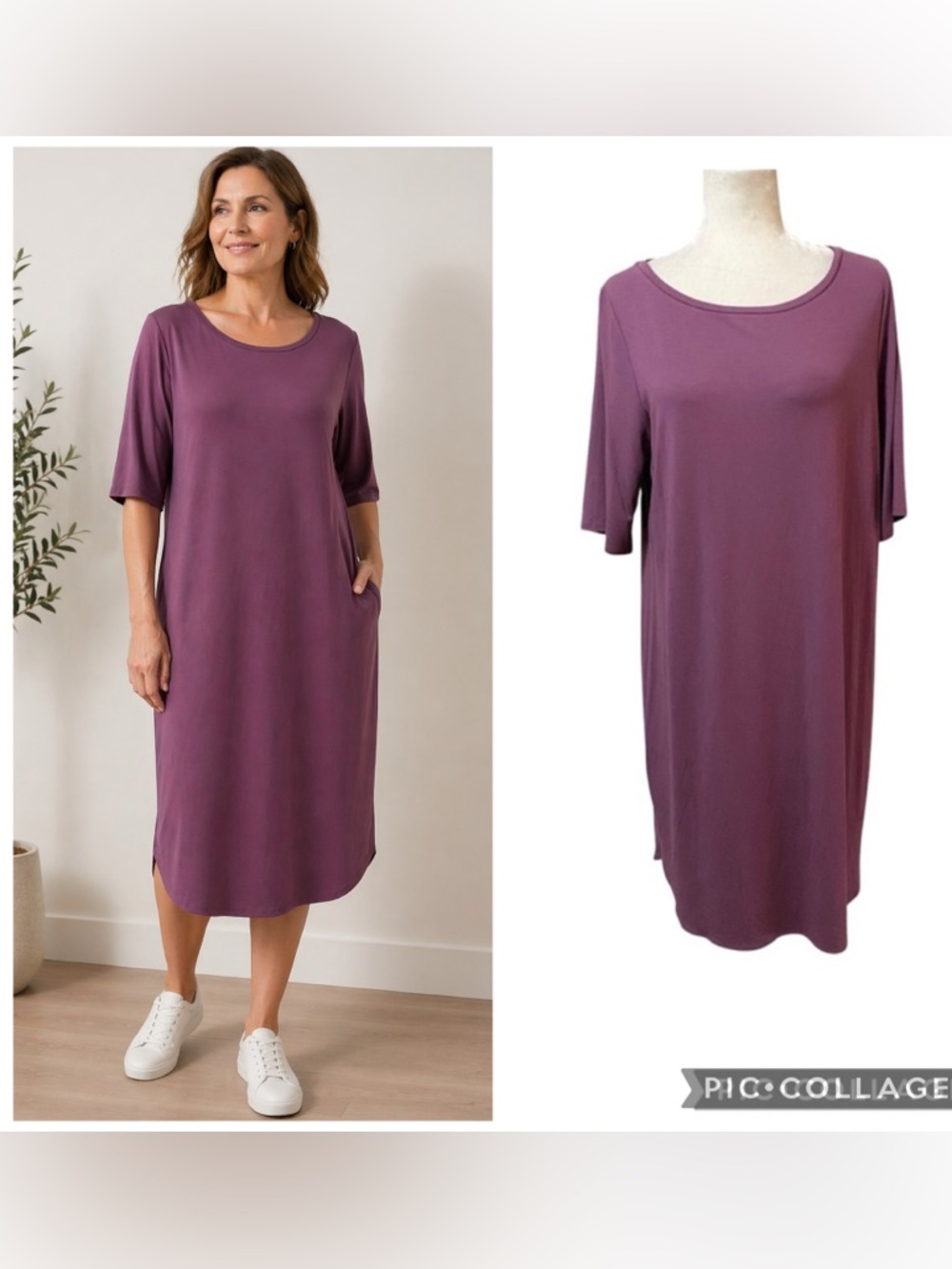 Eileen Fisher Curan Viscose Jersey Dress Purple NWT Size Large 1/2 Sleeves
